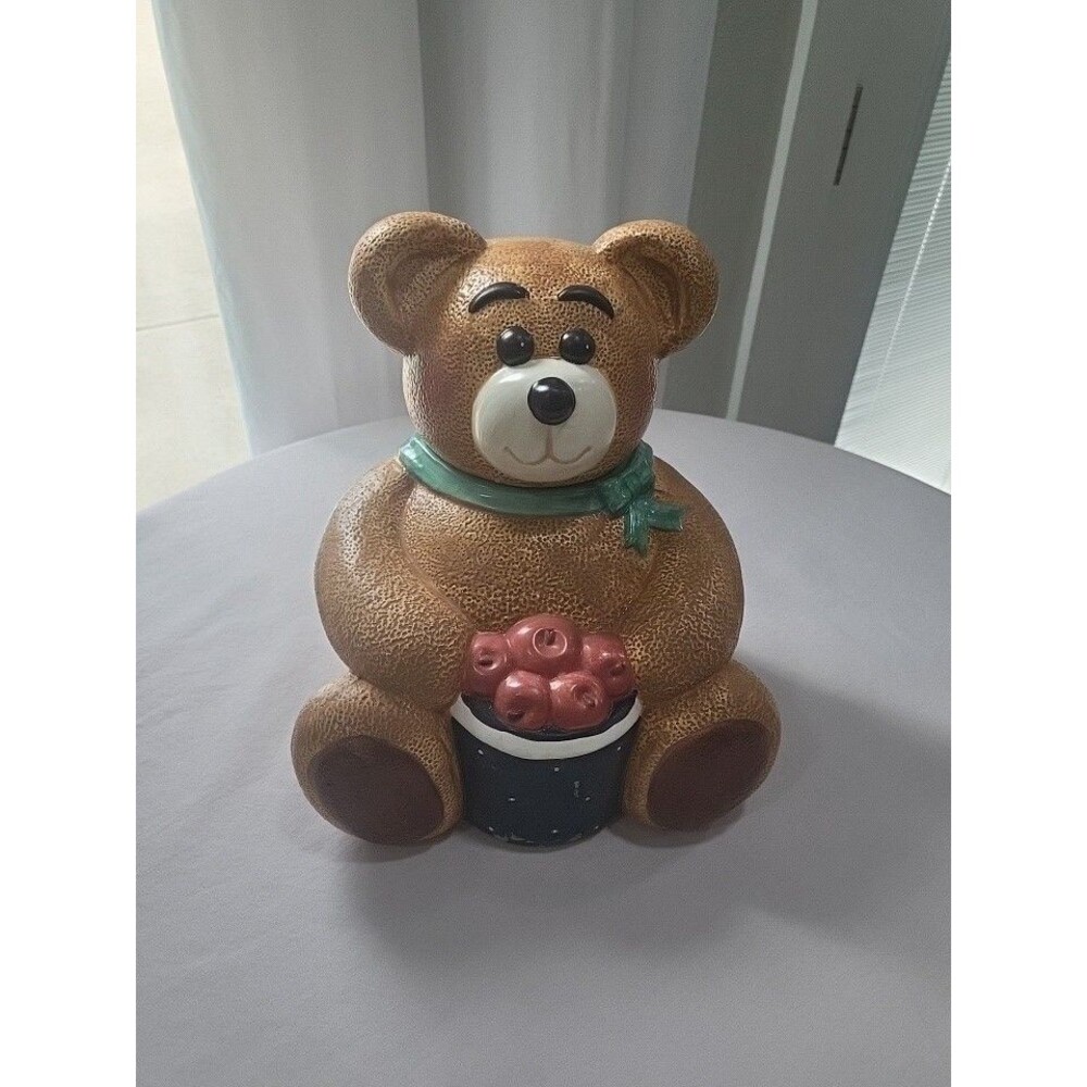 Vintage GKAO Ceramic Cottagecore Cookie Jar Teddy Bear Apple Basket 80s 90s